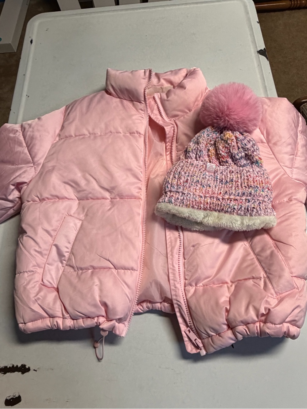 Pink Puffer Jacket with Knit Hat